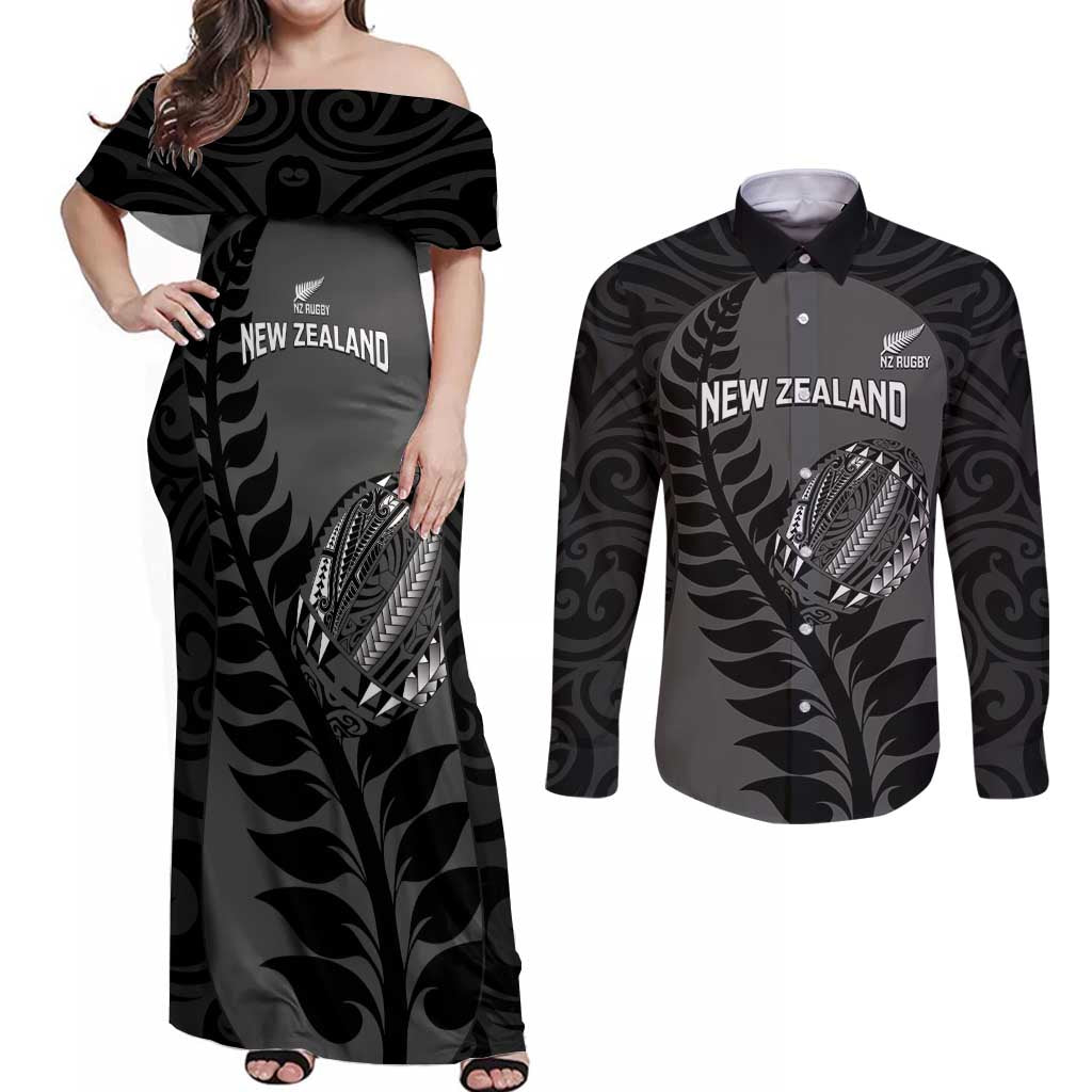 Custom New Zealand Silver Fern Rugby 2025 Couples Matching Off Shoulder Maxi Dress and Long Sleeve Button Shirt Go Champions Aotearoa Maori Black