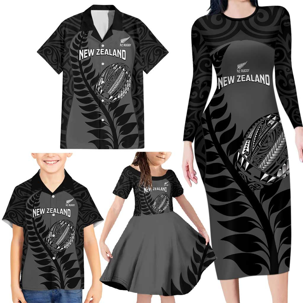 Custom New Zealand Silver Fern Rugby 2025 Family Matching Long Sleeve Bodycon Dress and Hawaiian Shirt Go Champions Aotearoa Maori Black