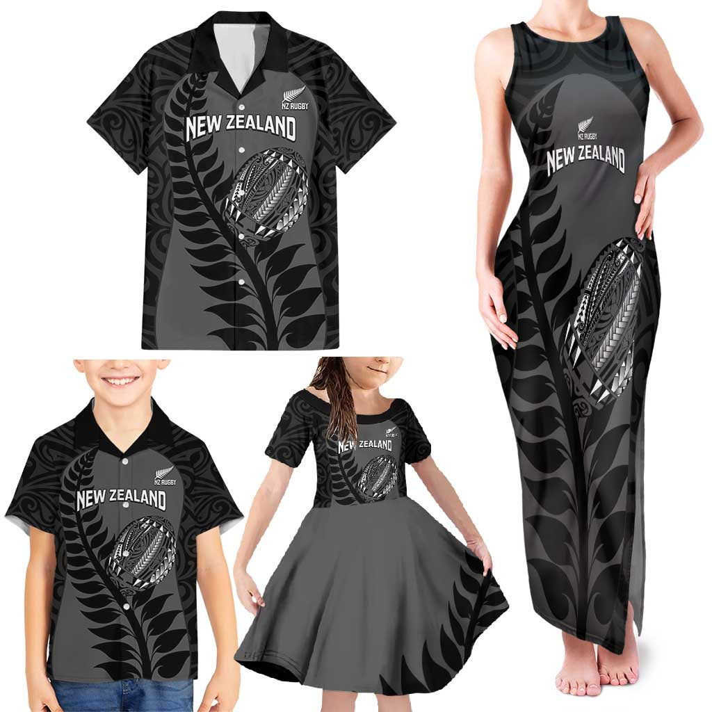 Custom New Zealand Silver Fern Rugby 2025 Family Matching Tank Maxi Dress and Hawaiian Shirt Go Champions Aotearoa Maori Black