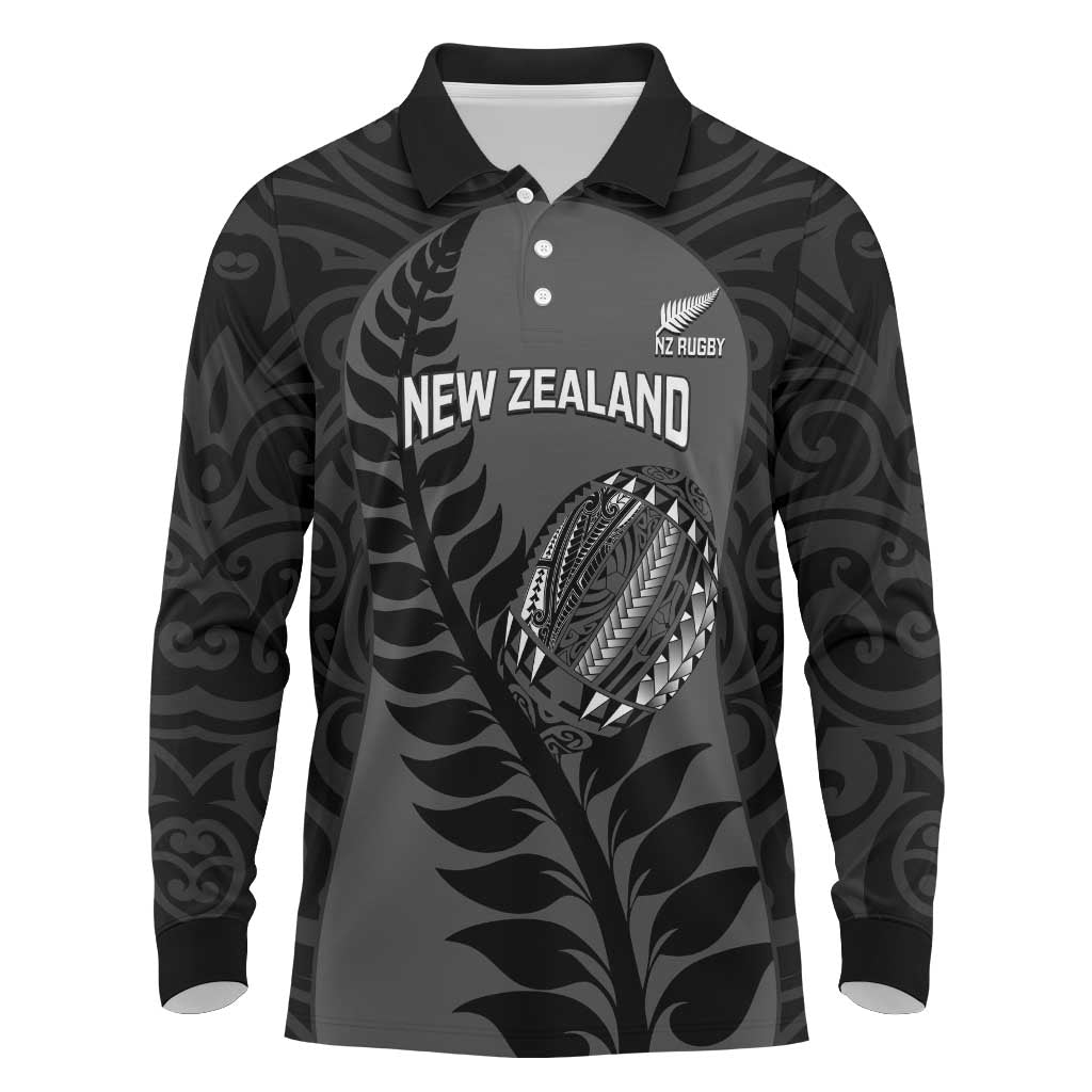 Custom New Zealand Silver Fern Rugby 2025 Long Sleeve Polo Shirt Go Champions Aotearoa Maori Black LT14 Black - Polynesian Pride