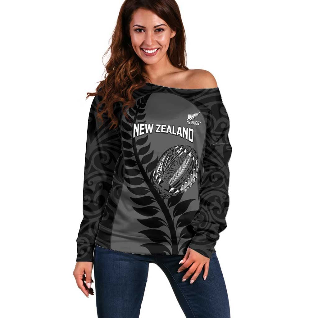 Custom New Zealand Silver Fern Rugby 2025 Off Shoulder Sweater Go Champions Aotearoa Maori Black LT14 Women Black - Polynesian Pride