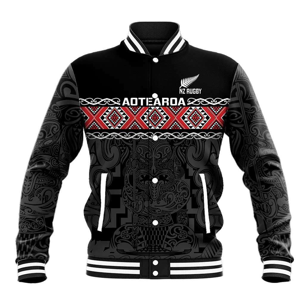 Custom New Zealand Silver Fern Rugby Baseball Jacket All Black Maori Taniko Pattern LT14 Unisex Black - Polynesian Pride