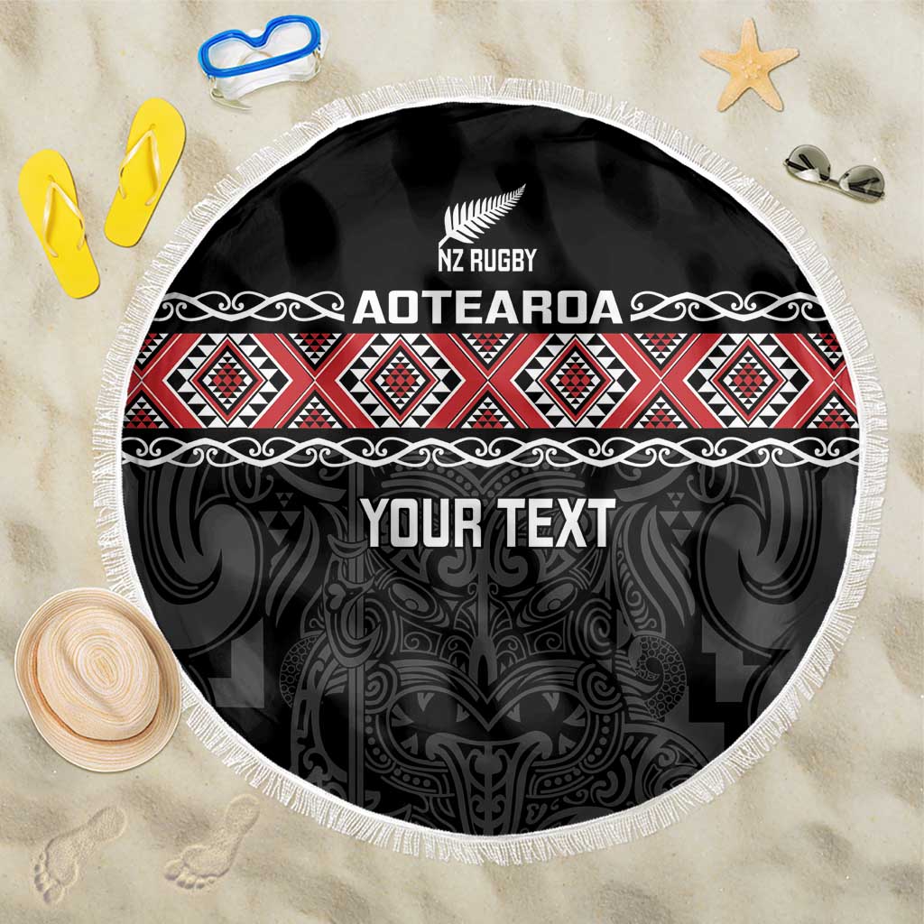 Custom New Zealand Silver Fern Rugby Beach Blanket All Black Maori Taniko Pattern LT14 One Size 150cm Black - Polynesian Pride