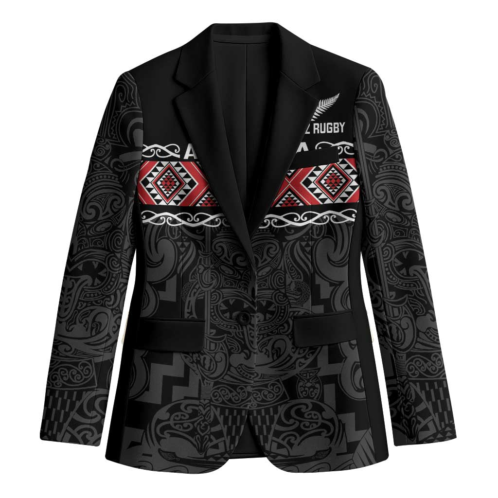 Custom New Zealand Silver Fern Rugby Blazer All Black Maori Taniko Pattern LT14 Unisex Black - Polynesian Pride