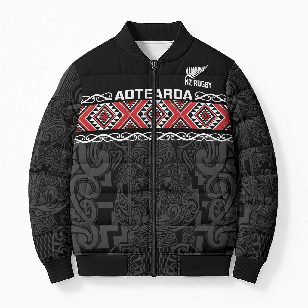 Custom New Zealand Silver Fern Rugby Bomber Puffer Jacket All Black Maori Taniko Pattern LT14 Unisex Black - Polynesian Pride