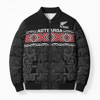 Custom New Zealand Silver Fern Rugby Bomber Puffer Jacket All Black Maori Taniko Pattern LT14 Unisex Black - Polynesian Pride