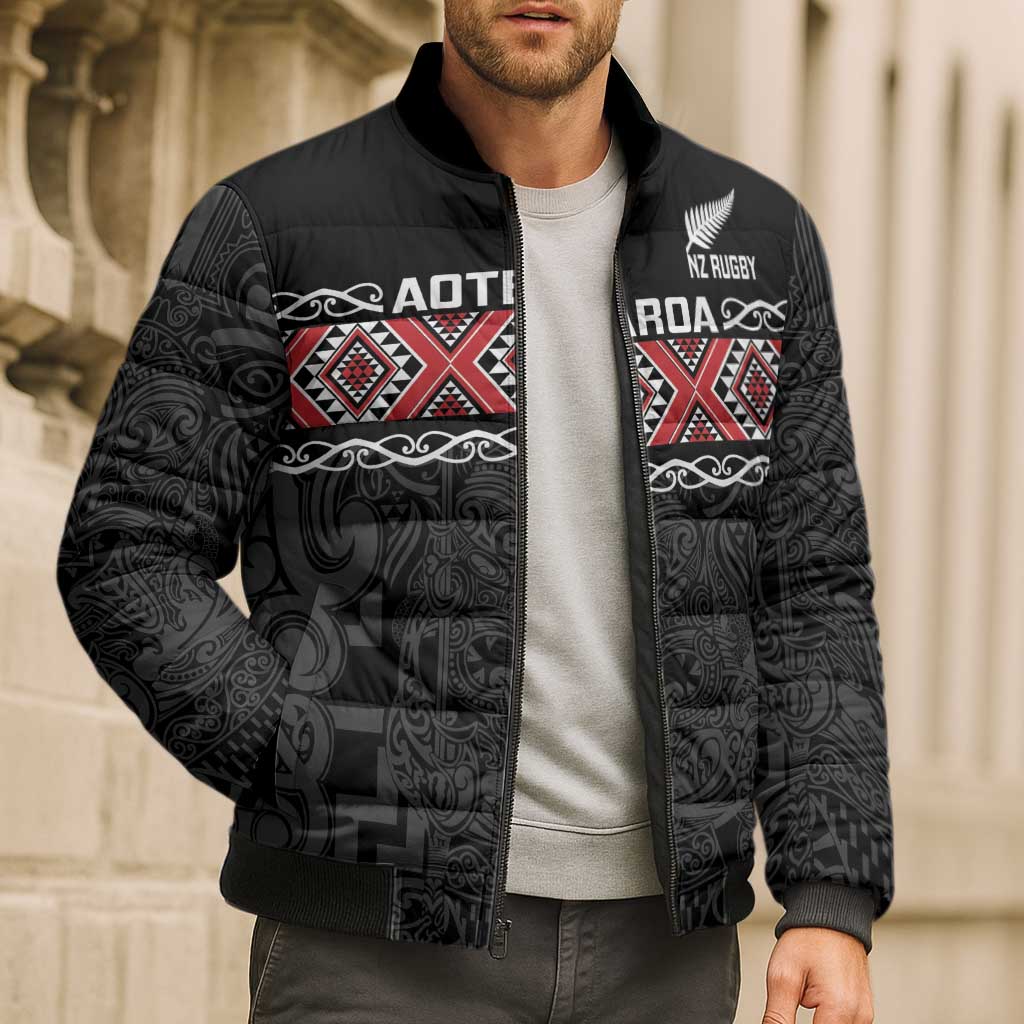 Custom New Zealand Silver Fern Rugby Bomber Puffer Jacket All Black Maori Taniko Pattern LT14 - Polynesian Pride