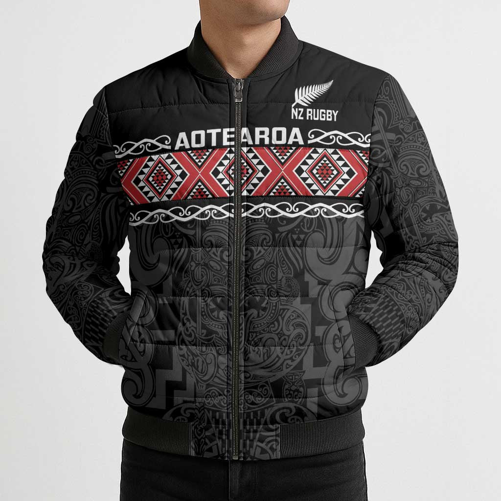 Custom New Zealand Silver Fern Rugby Bomber Puffer Jacket All Black Maori Taniko Pattern LT14 - Polynesian Pride