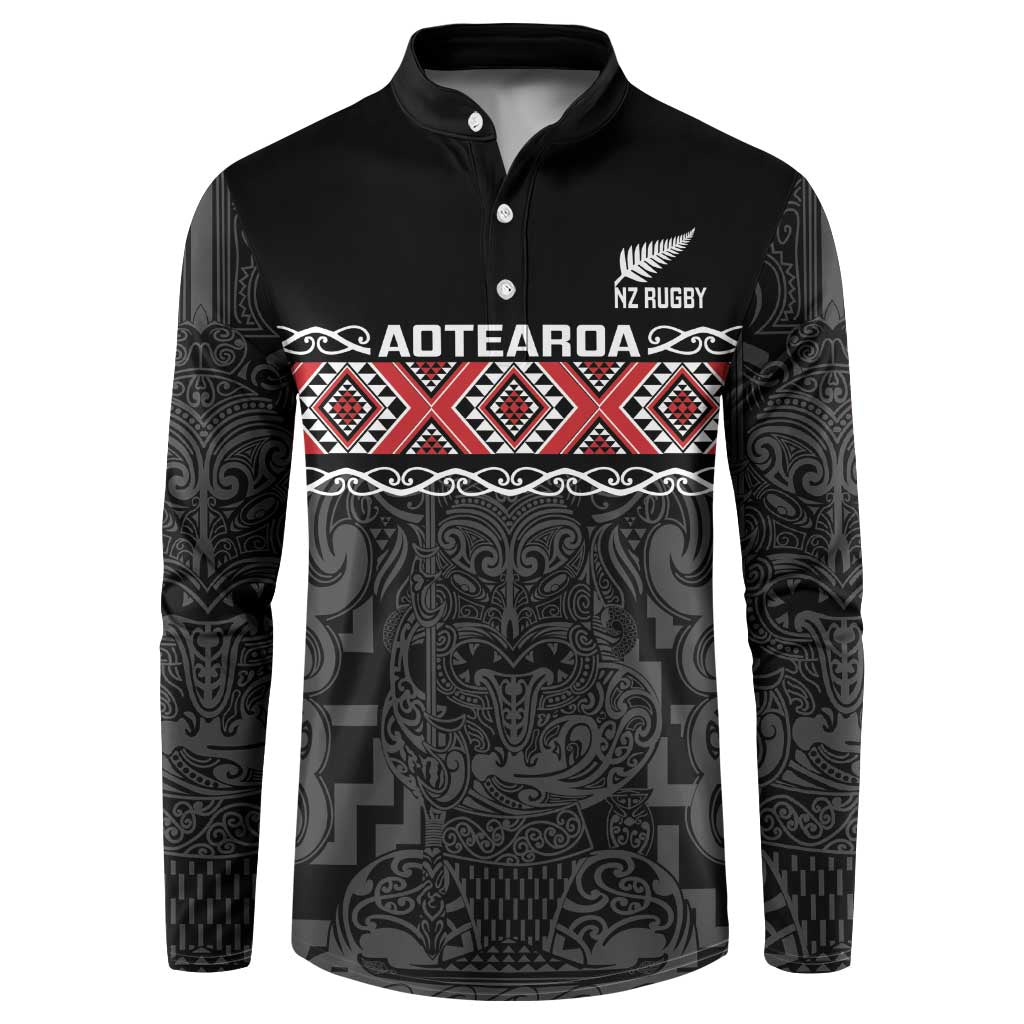 Custom New Zealand Silver Fern Rugby Button Sweatshirt All Black Maori Taniko Pattern LT14 Black - Polynesian Pride