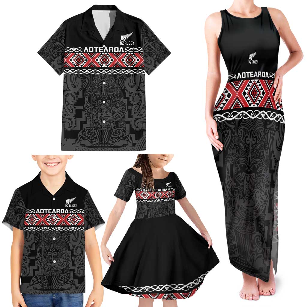 Custom New Zealand Silver Fern Rugby Family Matching Tank Maxi Dress and Hawaiian Shirt All Black Maori Taniko Pattern