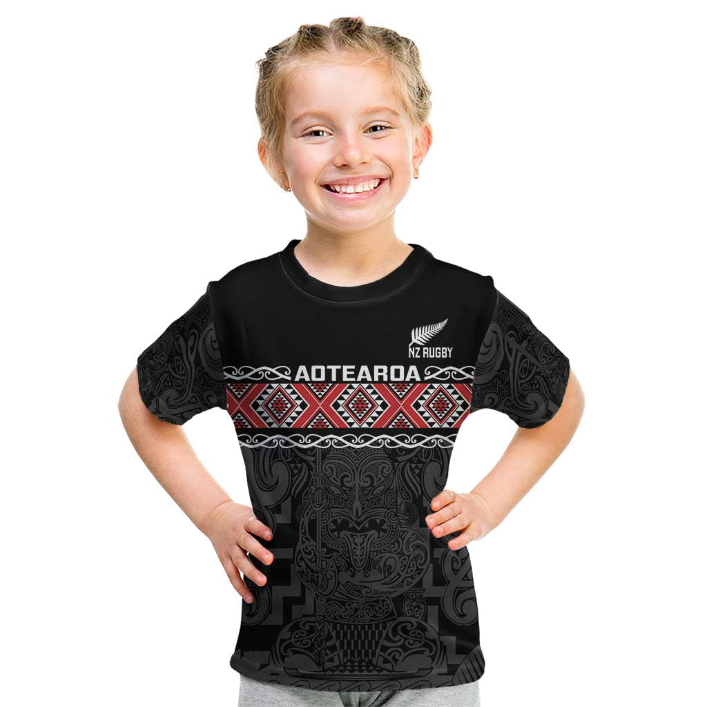 Custom New Zealand Silver Fern Rugby Kid T Shirt All Black Maori Taniko Pattern LT14 Black - Polynesian Pride