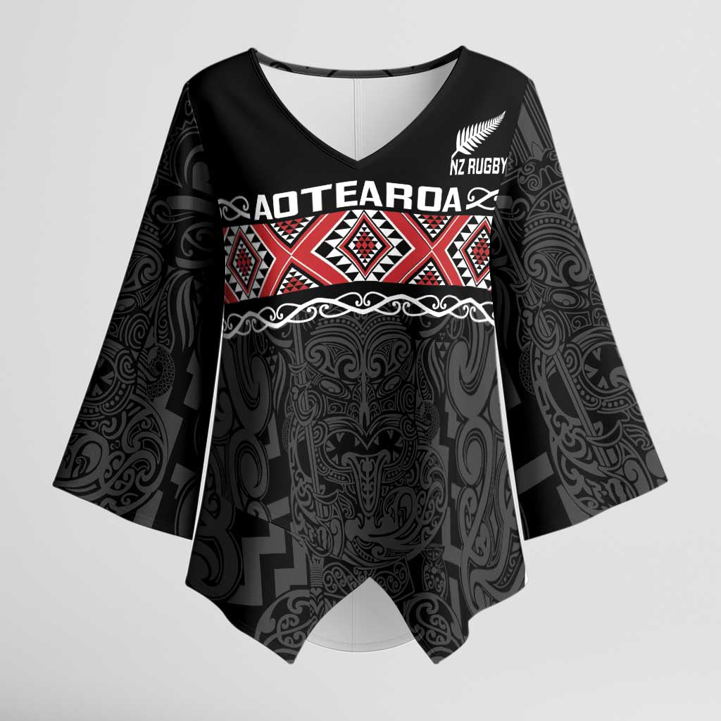 Custom New Zealand Silver Fern Rugby Kimono Sleeve Blouse All Black Maori Taniko Pattern LT14 Female Black - Polynesian Pride