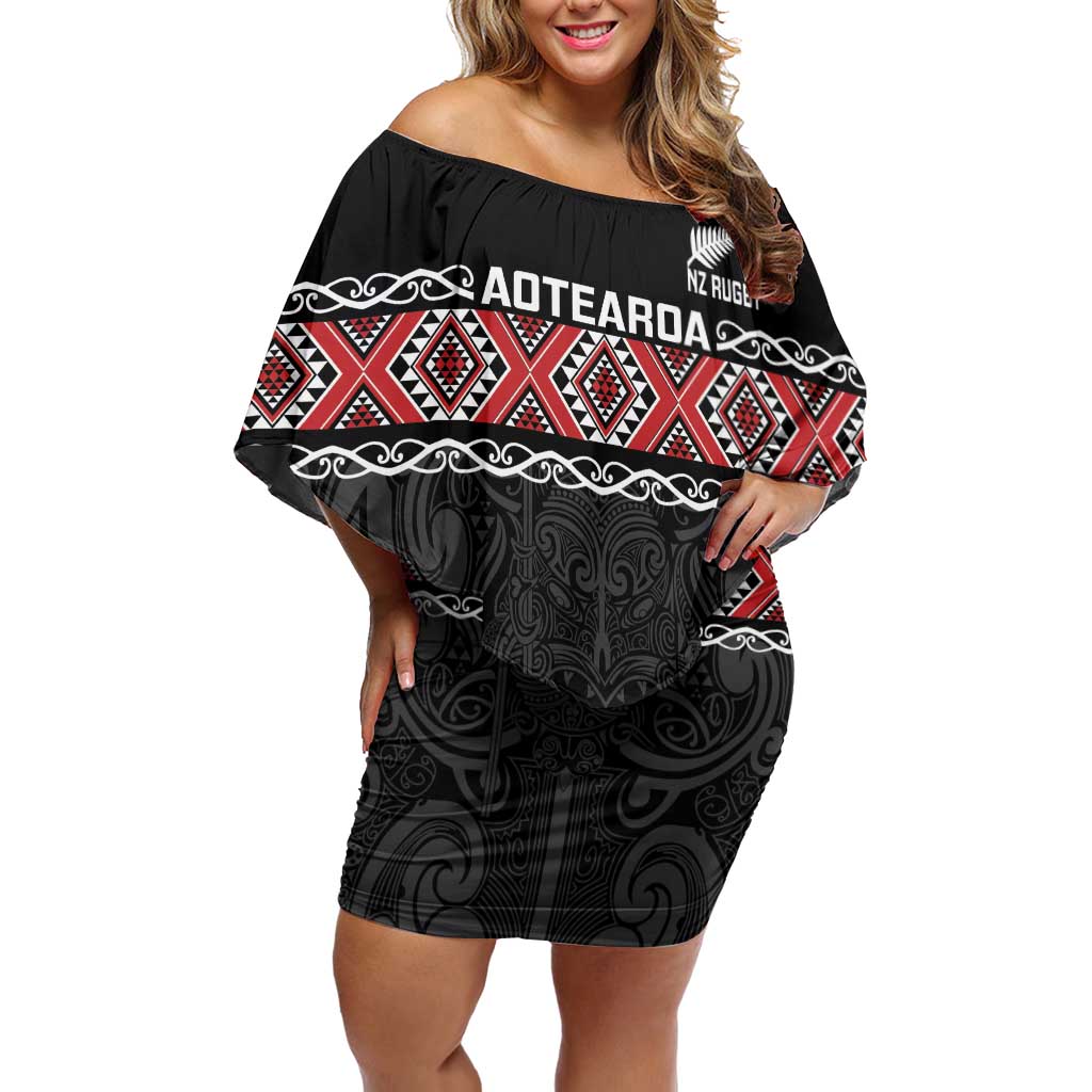 Custom New Zealand Silver Fern Rugby Off Shoulder Short Dress All Black Maori Taniko Pattern LT14 Women Black - Polynesian Pride