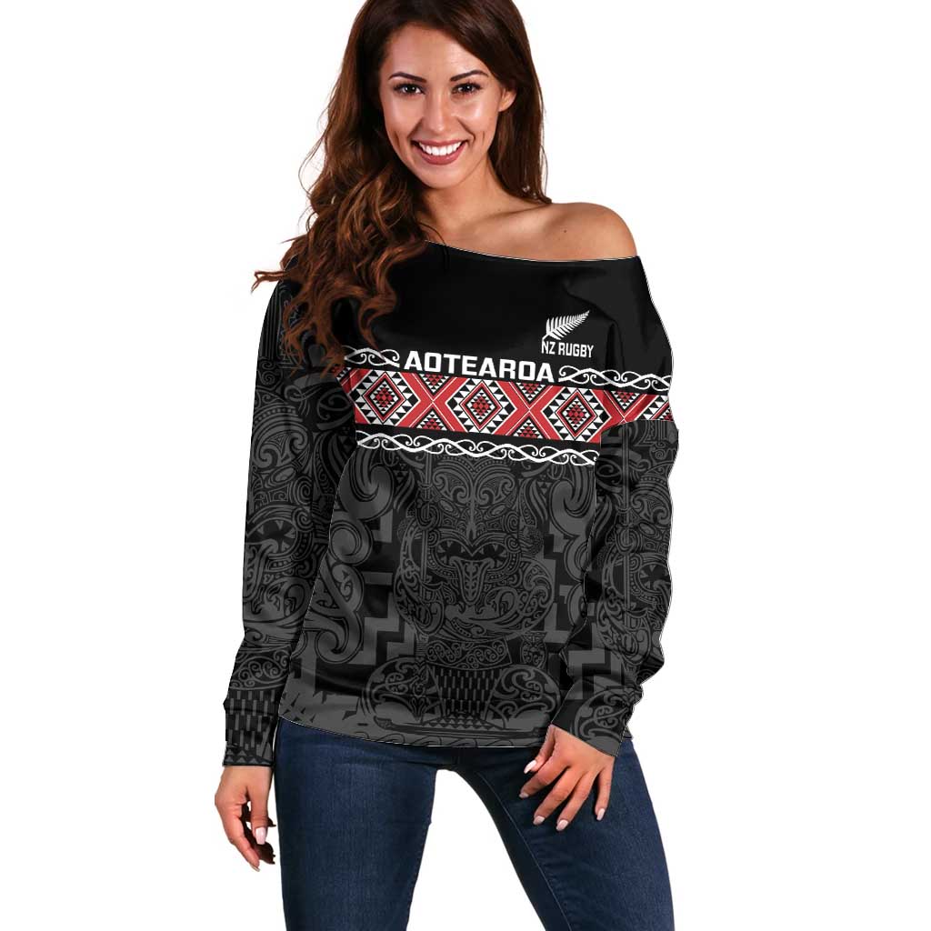 Custom New Zealand Silver Fern Rugby Off Shoulder Sweater All Black Maori Taniko Pattern LT14 Women Black - Polynesian Pride