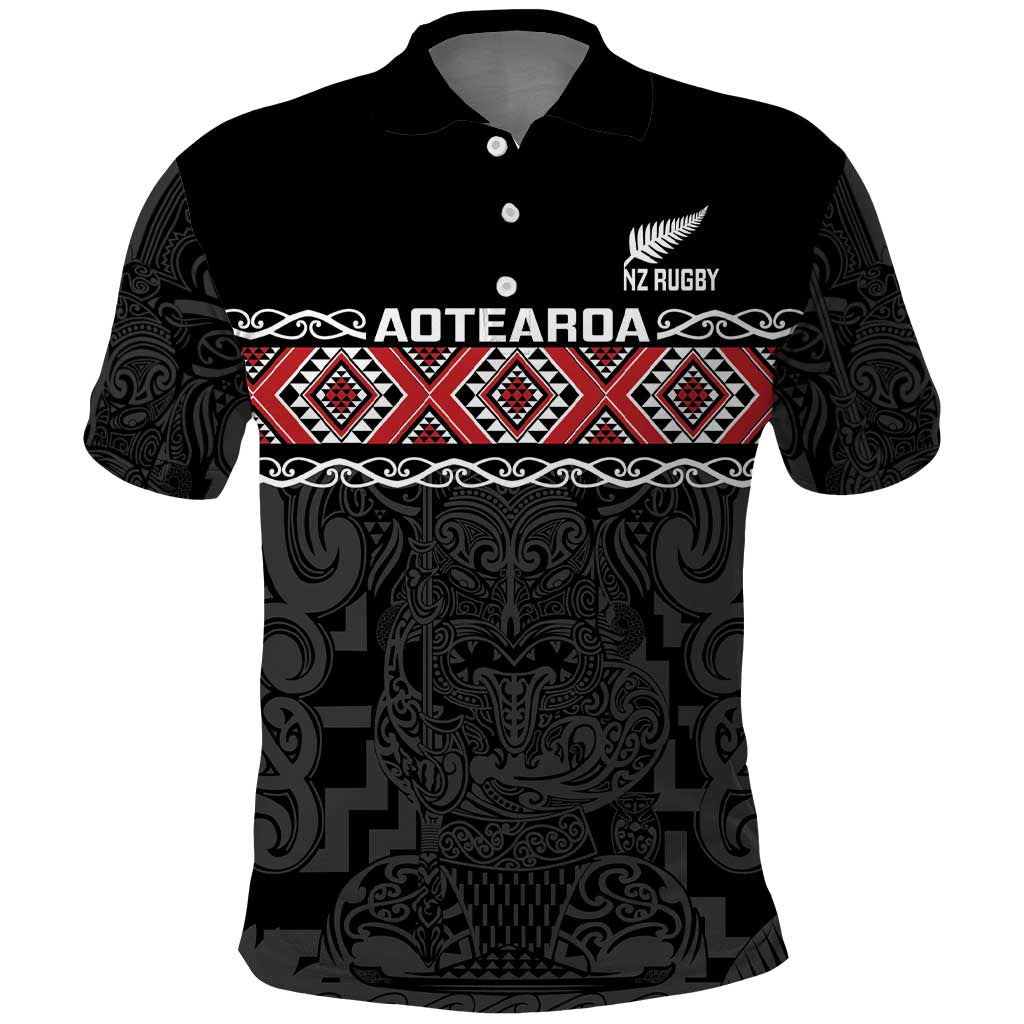 Custom New Zealand Silver Fern Rugby Polo Shirt All Black Maori Taniko Pattern LT14 Black - Polynesian Pride
