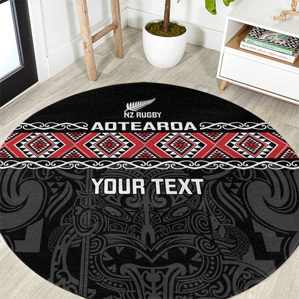 Custom New Zealand Silver Fern Rugby Round Carpet All Black Maori Taniko Pattern LT14 Black - Polynesian Pride