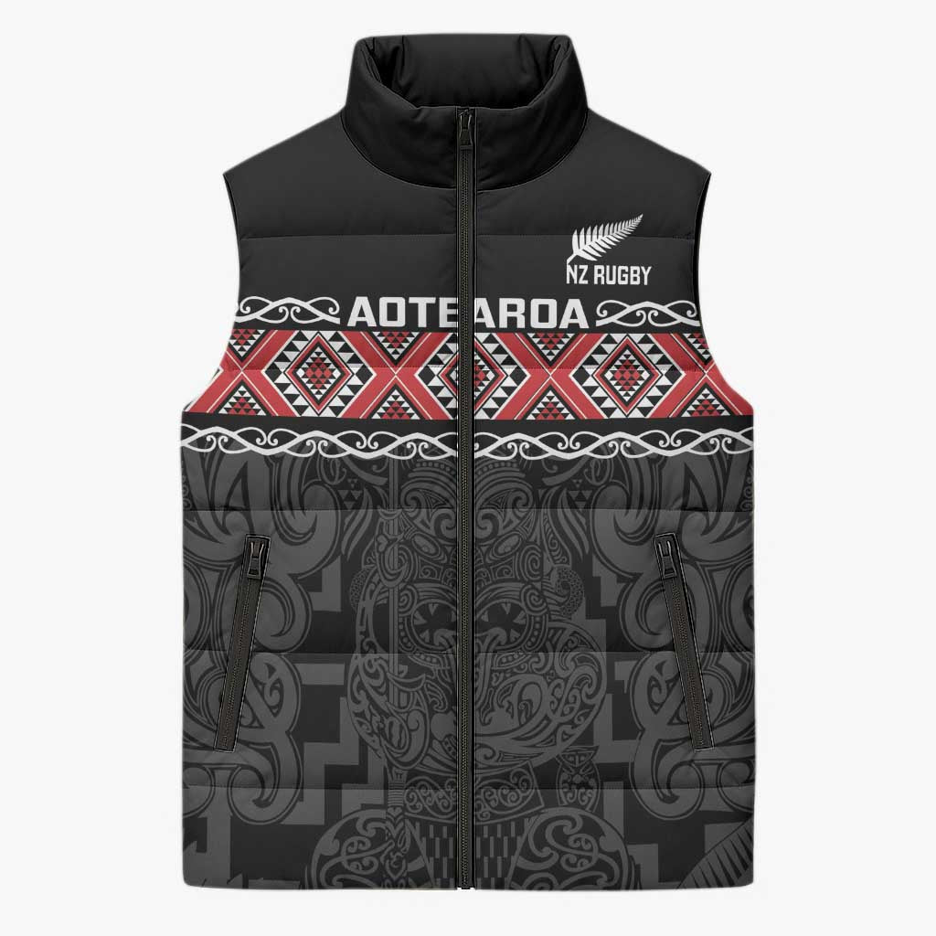 Custom New Zealand Silver Fern Rugby Sleeveless Puffer Jacket All Black Maori Taniko Pattern LT14 Unisex Black - Polynesian Pride