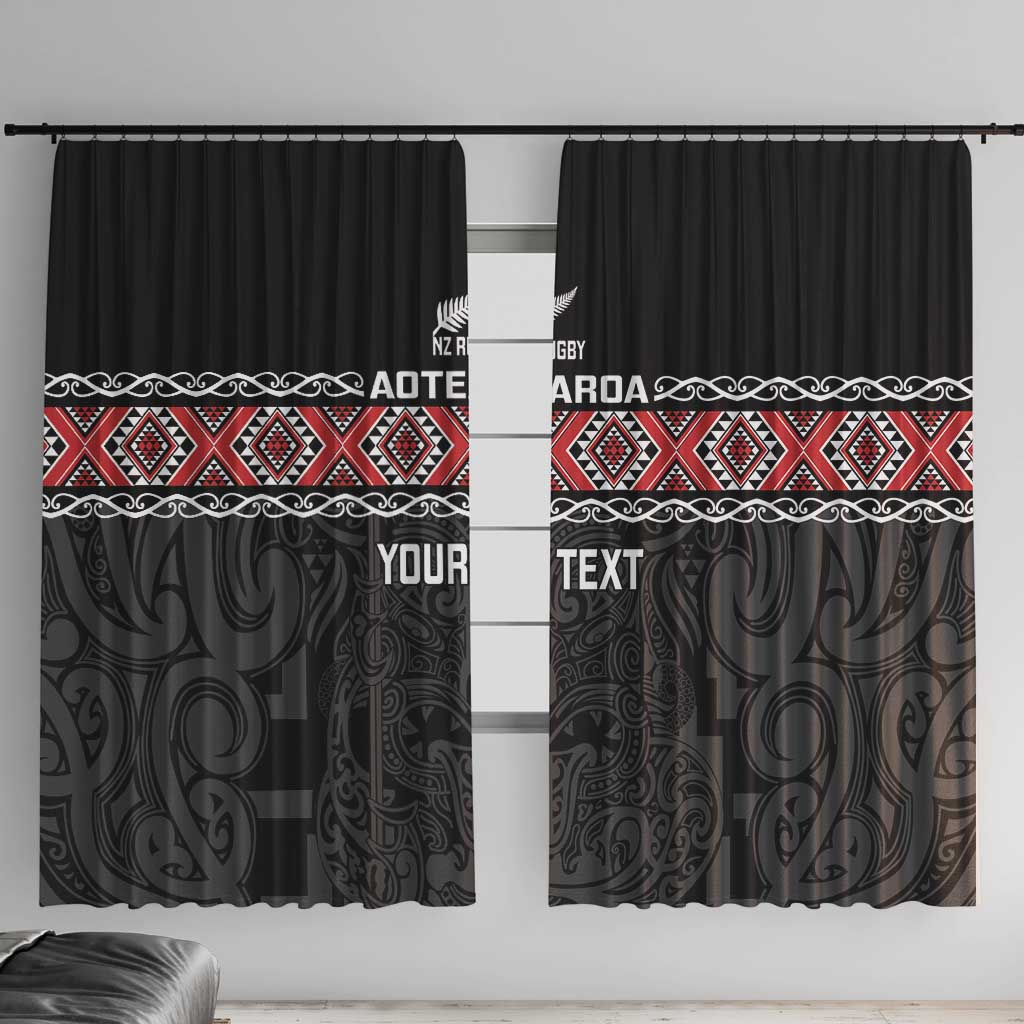 Custom New Zealand Silver Fern Rugby Window Curtain All Black Maori Taniko Pattern LT14 With Hooks Black - Polynesian Pride