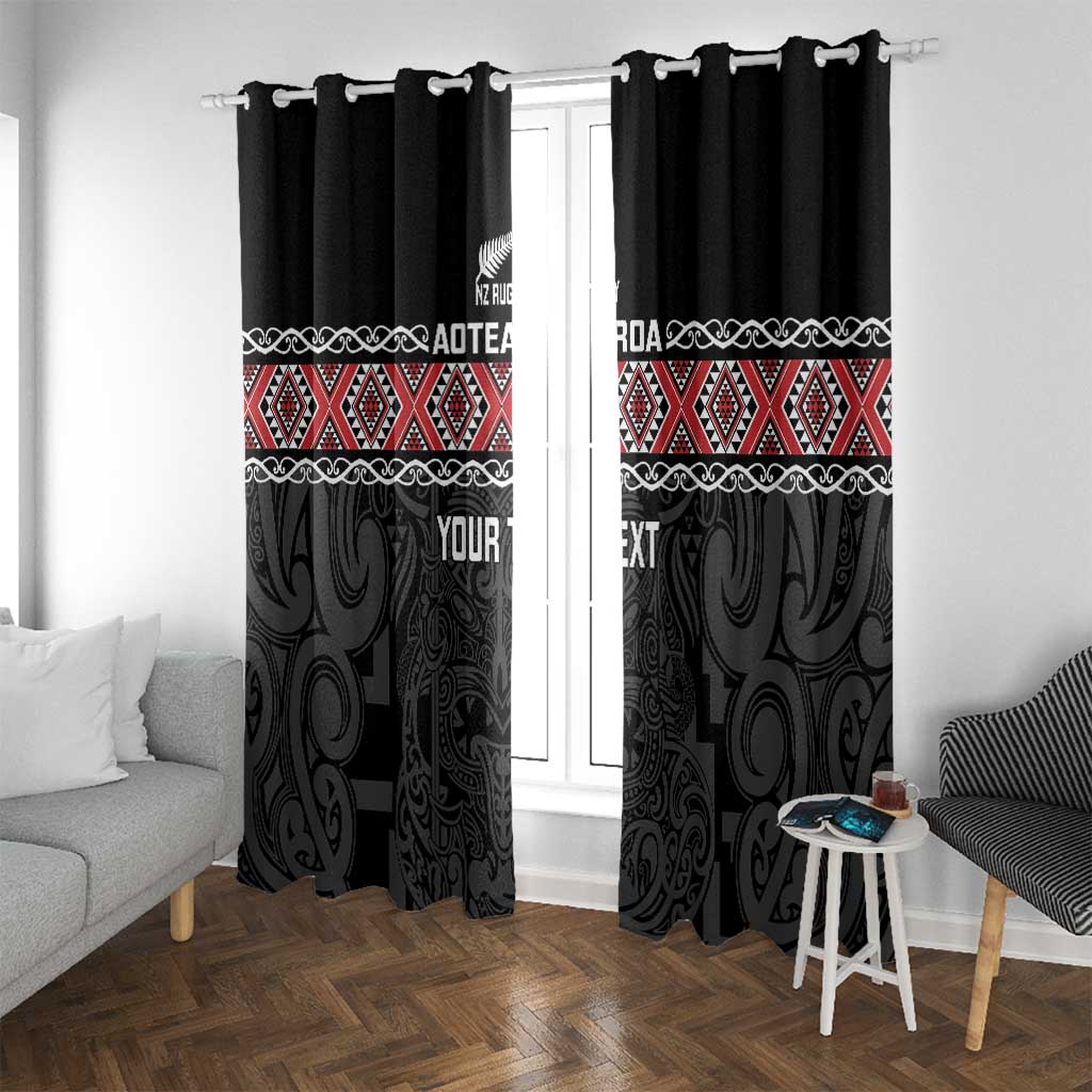 Custom New Zealand Silver Fern Rugby Window Curtain All Black Maori Taniko Pattern LT14 With Grommets Black - Polynesian Pride