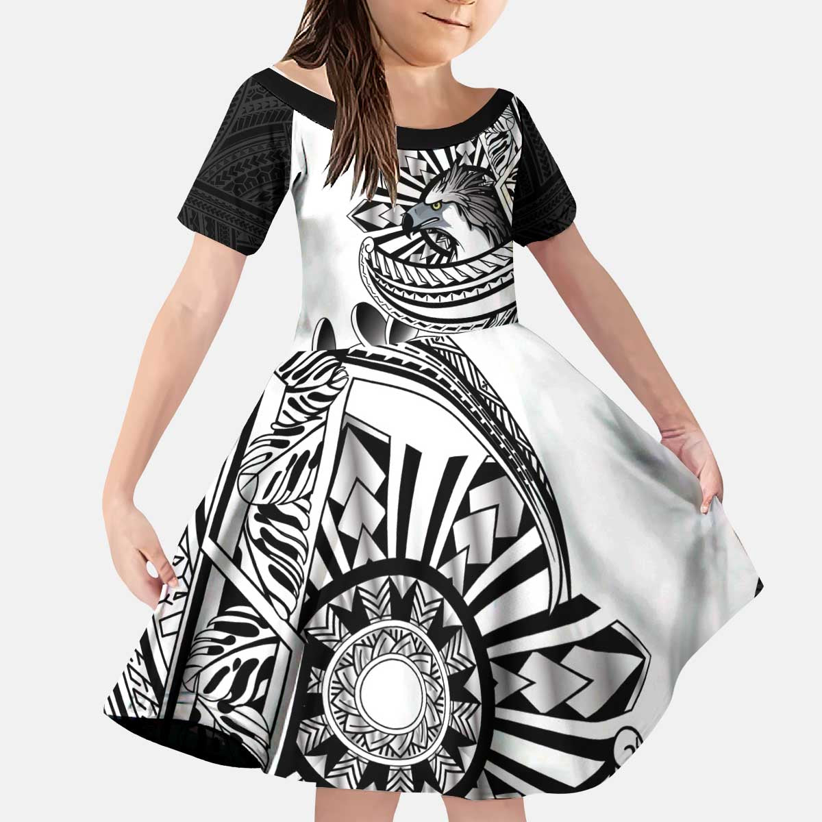Philippines Eagle Sun Kid Short Sleeve Dress Filipino Agila Polynesian Tattoo Black Color LT14 KID Black - Polynesian Pride