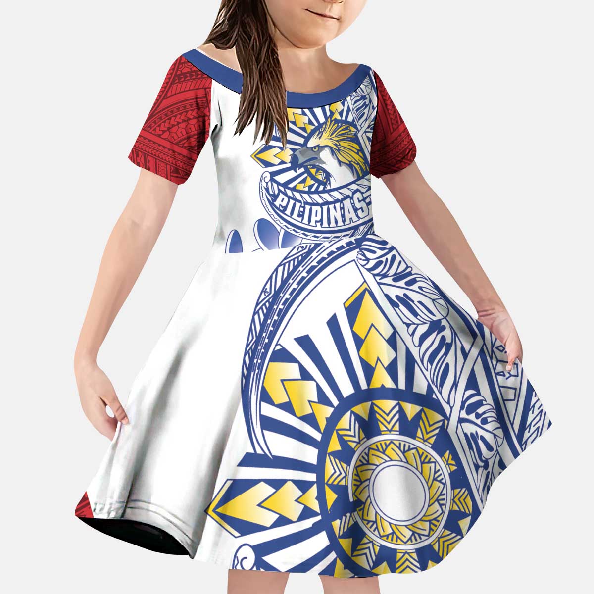 Philippines Eagle Sun Kid Short Sleeve Dress Filipino Agila Polynesian Tattoo Flag Color LT14 KID Red - Polynesian Pride