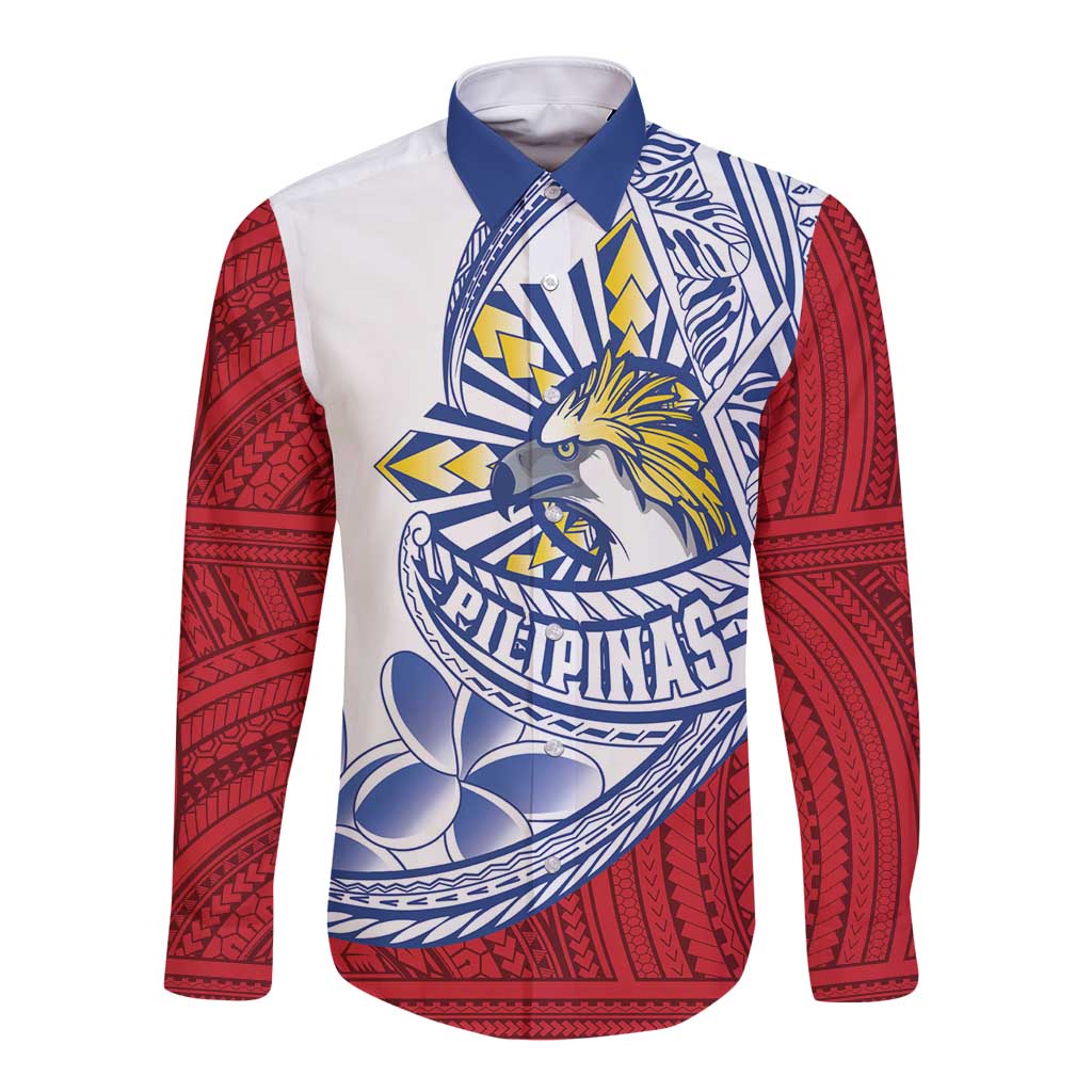 Philippines Eagle Sun Long Sleeve Button Shirt Filipino Agila Polynesian Tattoo Flag Color LT14 Unisex Red - Polynesian Pride