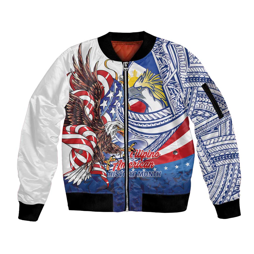 Filipino American History Month Sleeve Zip Bomber Jacket Philippines Agila USA Eagle Mix Flag LT14 Unisex Blue - Polynesian Pride
