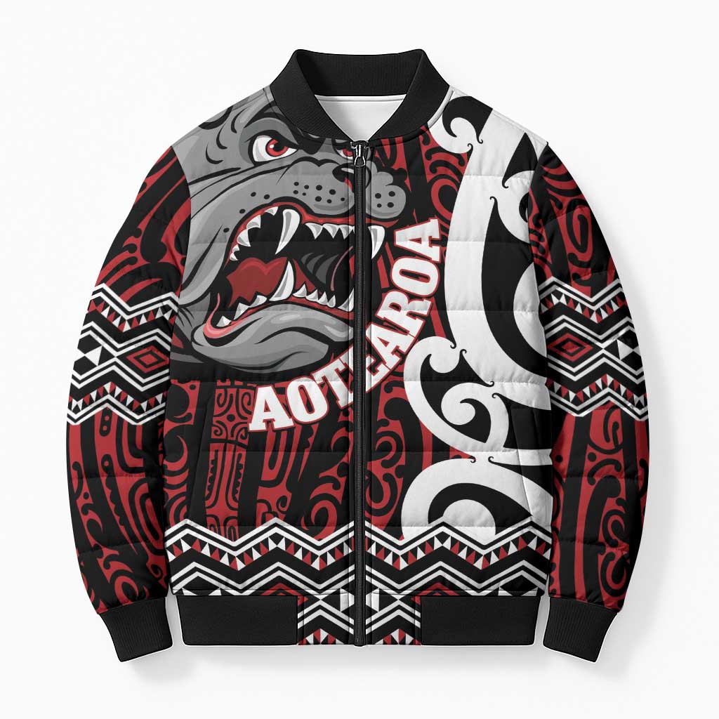 Personalised Aotearoa Bulldog Bomber Puffer Jacket New Zealand Maori Taniko Art LT14 Unisex Red - Polynesian Pride