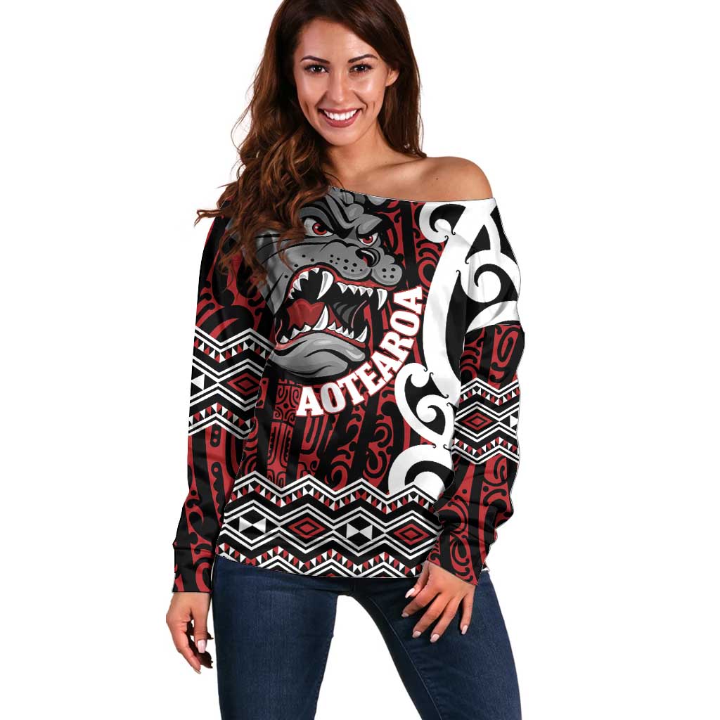 Personalised Aotearoa Bulldog Off Shoulder Sweater New Zealand Maori Taniko Art LT14 Women Red - Polynesian Pride