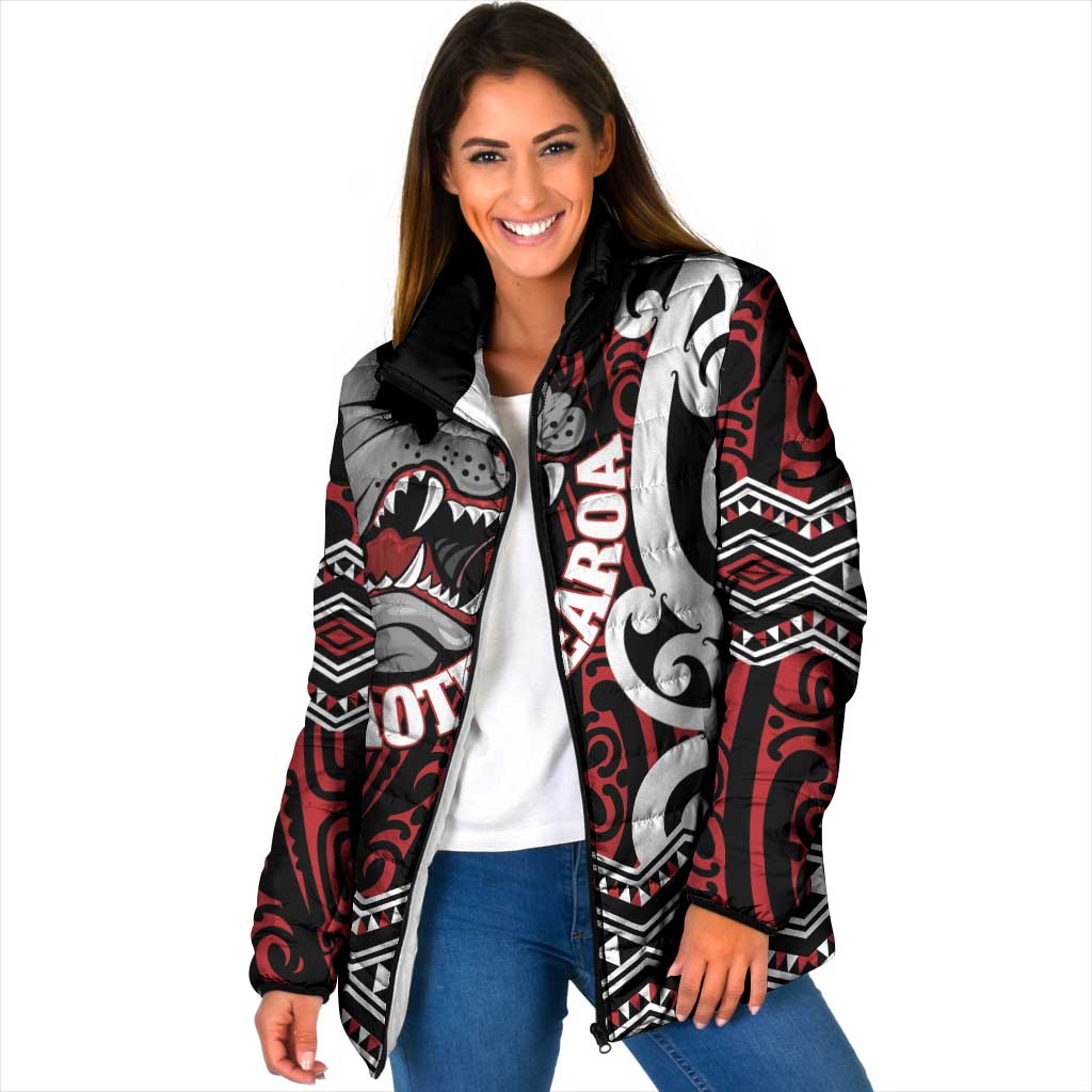 Personalised Aotearoa Bulldog Padded Jacket New Zealand Maori Taniko Art LT14 Women Red - Polynesian Pride