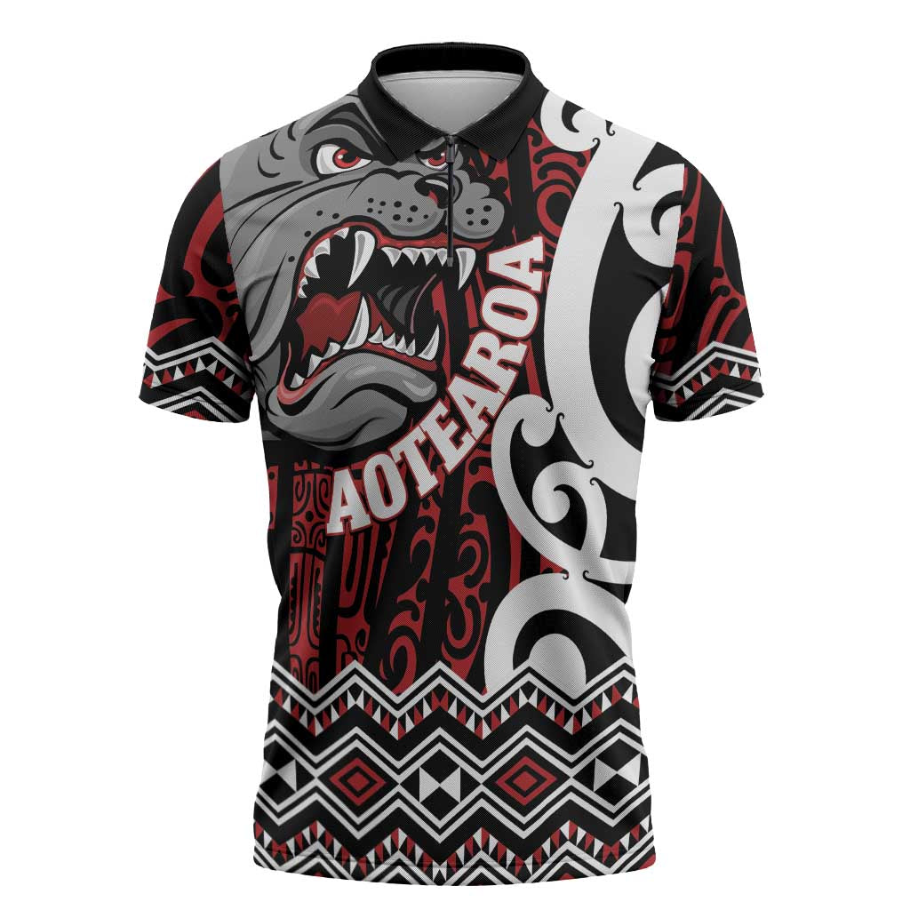 Personalised Aotearoa Bulldog Zipper Polo Shirt New Zealand Maori Taniko Art LT14 Red - Polynesian Pride