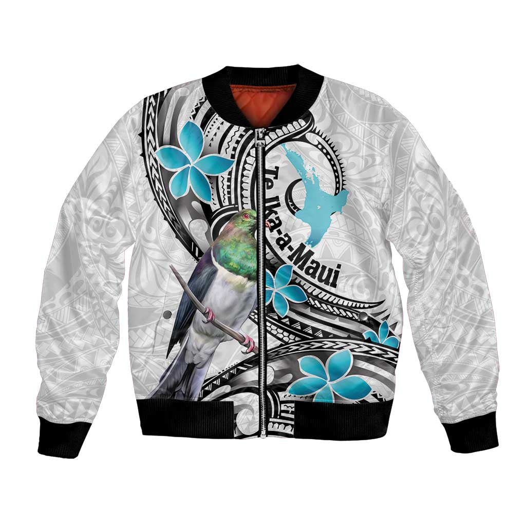 Aotearoa Te Ika-a-Maui Bomber Jacket South Island Kekeru Maori Koru LT14 Unisex White - Polynesian Pride