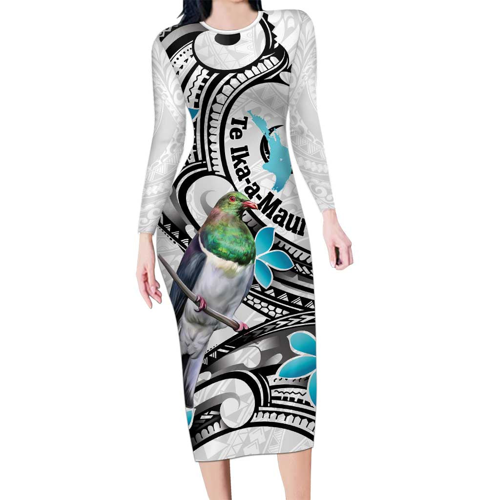 Aotearoa Te Ika-a-Maui Long Sleeve Bodycon Dress South Island Kekeru Maori Koru