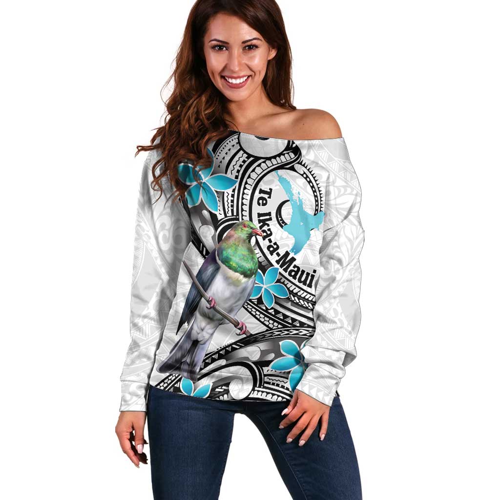 Aotearoa Te Ika-a-Maui Off Shoulder Sweater South Island Kekeru Maori Koru LT14 Women White - Polynesian Pride