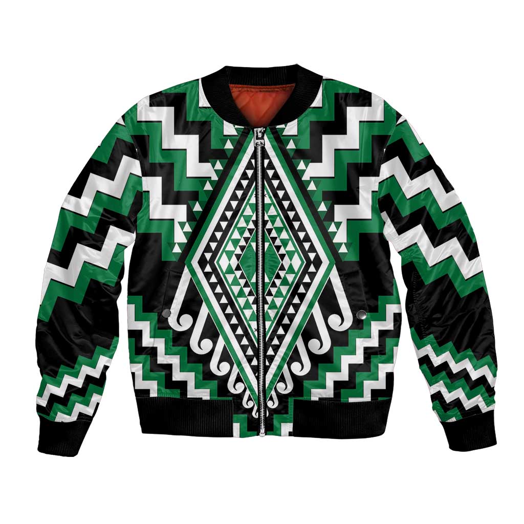 Green Aotearoa Taniko Poutama Patikitiki Bomber Jacket LT14 Unisex Green - Polynesian Pride