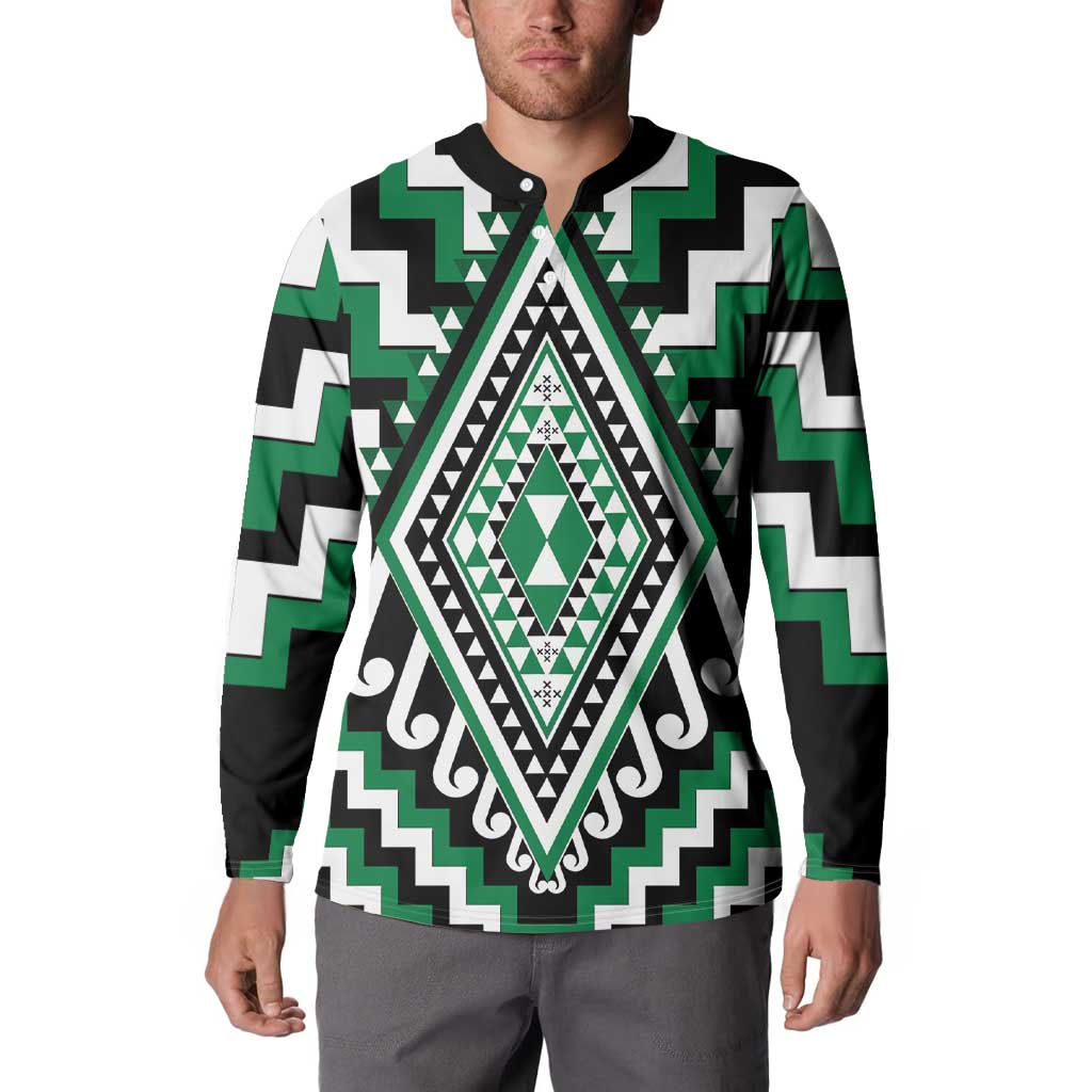 Green Aotearoa Taniko Poutama Patikitiki Button Sweatshirt LT14 - Polynesian Pride