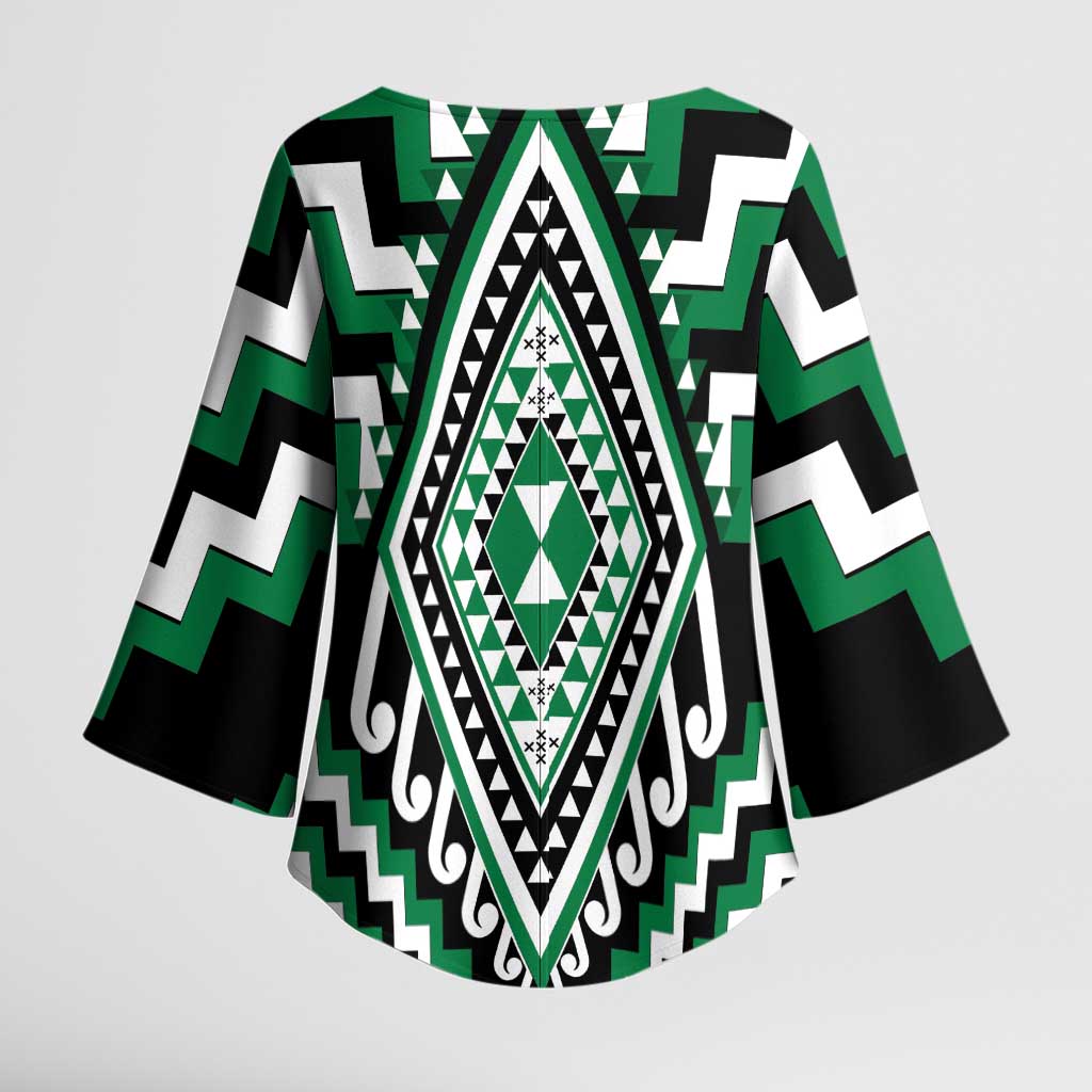 Green New Zealand Taniko Poutama Patikitiki Kimono Sleeve Blouse LT14 - Polynesian Pride
