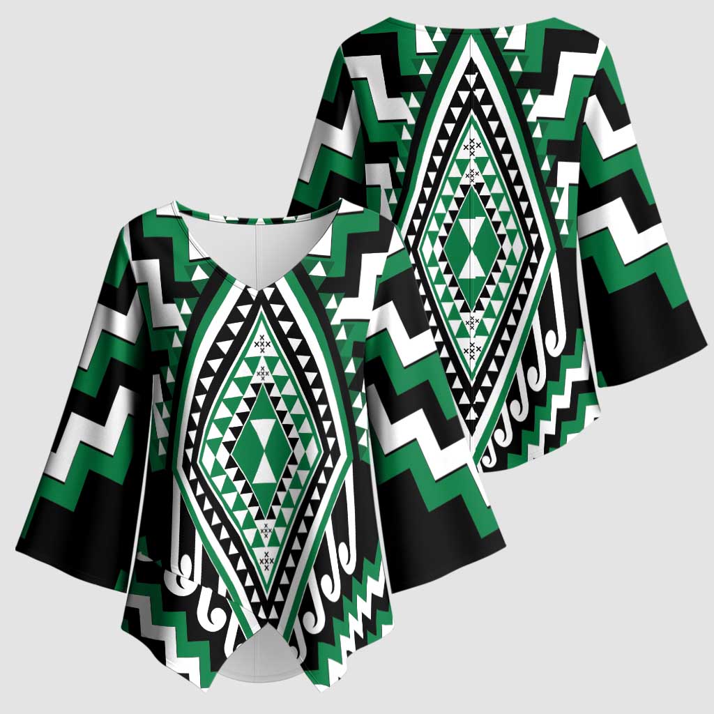 Green New Zealand Taniko Poutama Patikitiki Kimono Sleeve Blouse LT14 - Polynesian Pride