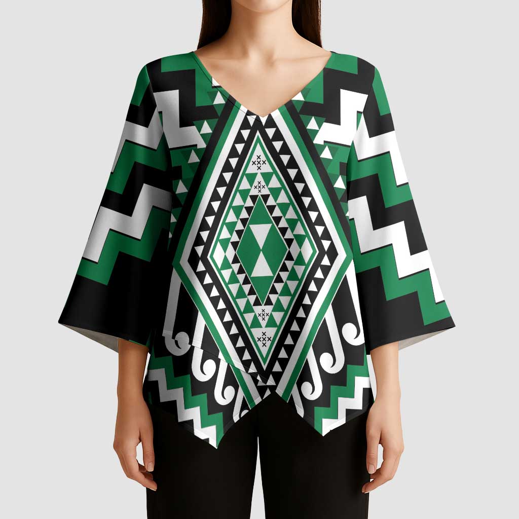 Green New Zealand Taniko Poutama Patikitiki Kimono Sleeve Blouse LT14 - Polynesian Pride