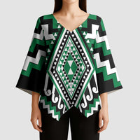 Green New Zealand Taniko Poutama Patikitiki Kimono Sleeve Blouse LT14 - Polynesian Pride