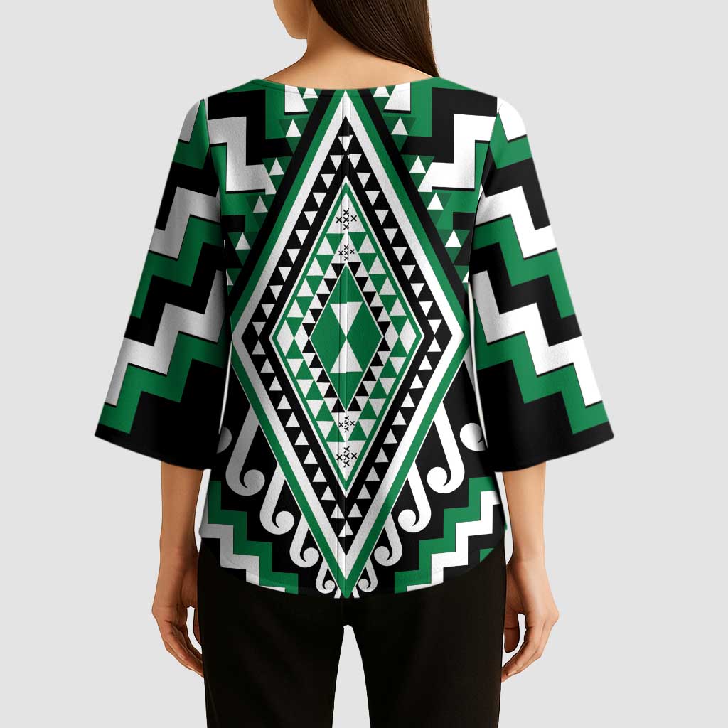 Green New Zealand Taniko Poutama Patikitiki Kimono Sleeve Blouse LT14 - Polynesian Pride
