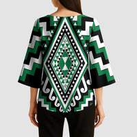 Green New Zealand Taniko Poutama Patikitiki Kimono Sleeve Blouse LT14 - Polynesian Pride