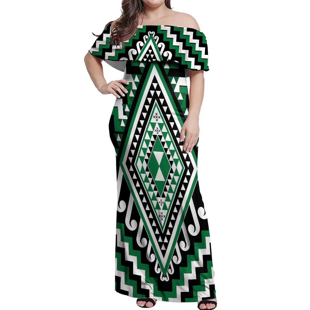 Green Aotearoa Taniko Poutama Patikitiki Off Shoulder Maxi Dress