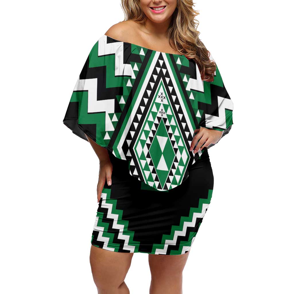 Green Aotearoa Taniko Poutama Patikitiki Off Shoulder Short Dress