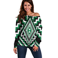Green Aotearoa Taniko Poutama Patikitiki Off Shoulder Sweater LT14 Women Green - Polynesian Pride