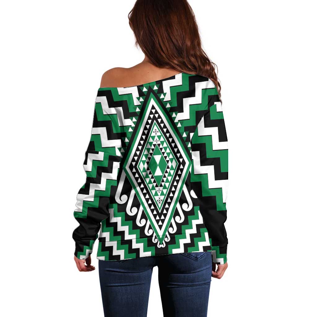 Green Aotearoa Taniko Poutama Patikitiki Off Shoulder Sweater LT14 - Polynesian Pride