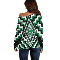 Green Aotearoa Taniko Poutama Patikitiki Off Shoulder Sweater LT14 - Polynesian Pride