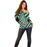 Green Aotearoa Taniko Poutama Patikitiki Off Shoulder Sweater LT14 - Polynesian Pride