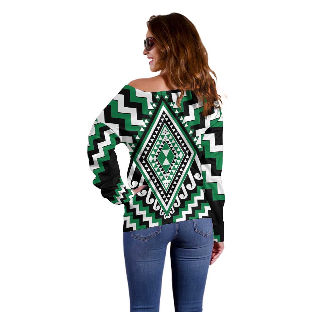 Green Aotearoa Taniko Poutama Patikitiki Off Shoulder Sweater LT14 - Polynesian Pride