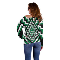Green Aotearoa Taniko Poutama Patikitiki Off Shoulder Sweater LT14 - Polynesian Pride